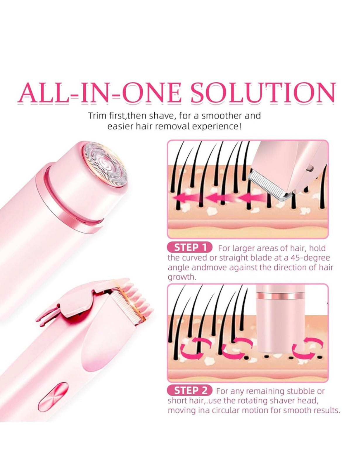 Dual Head Shaver 2 in 1 Women Electric Bikini Trimmer, IPX7 Waterproof Rechargeable Hair Razor for Body Face, Wet & Dry Use Hair Removal