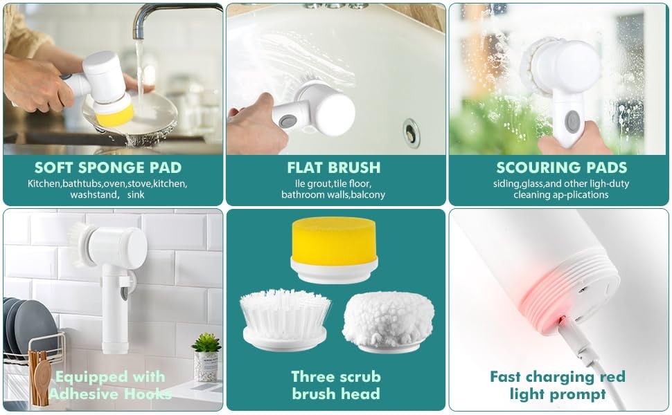 Multi-Functional Electric Cleaning Brush 5 in 1 Magic Power Scrubber Household Cleaning Tools Spin Scrubber with Buffer Polisher, for Bathroom, Shower, Tub, Kitchen Floor