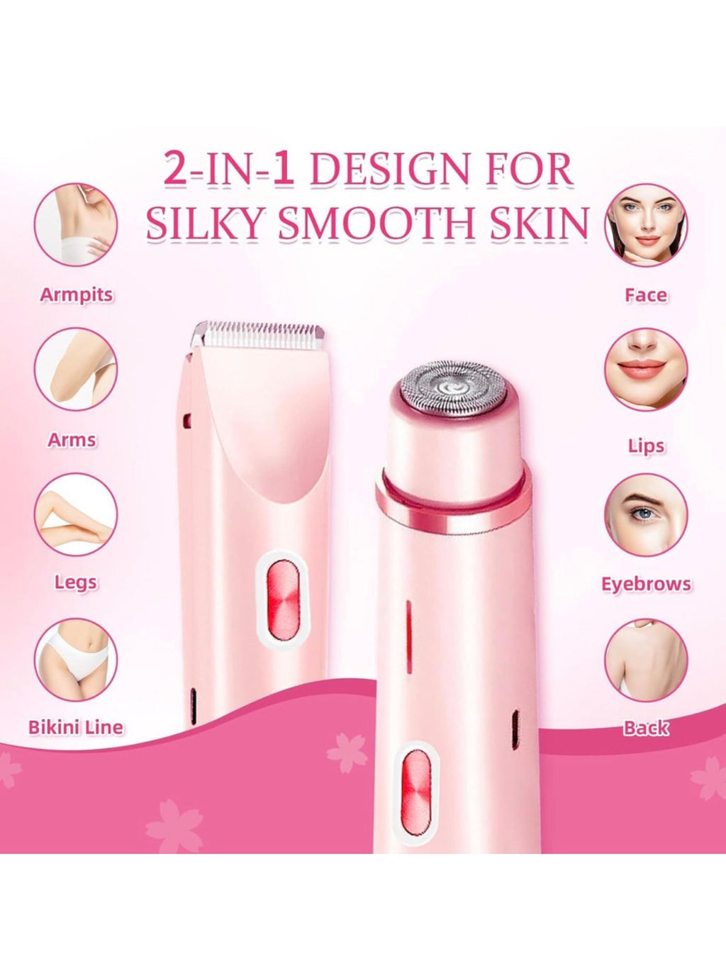 Dual Head Shaver 2 in 1 Women Electric Bikini Trimmer, IPX7 Waterproof Rechargeable Hair Razor for Body Face, Wet & Dry Use Hair Removal