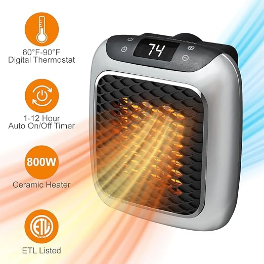 800W Convenient Wall Outlet Heater with Adjustable Thermostat Programmable 12 Hour Timer Auto Shut-Off - Mini Ceramic Heater Quiet and Space Saving