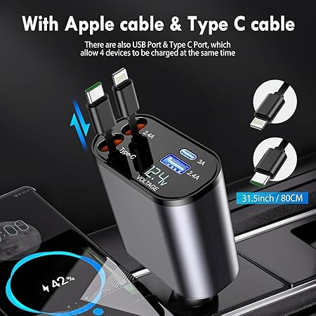120W Retractable Car Charger 4 in 1