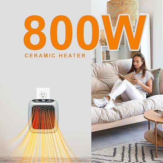 800W Convenient Wall Outlet Heater with Adjustable Thermostat Programmable 12 Hour Timer Auto Shut-Off - Mini Ceramic Heater Quiet and Space Saving